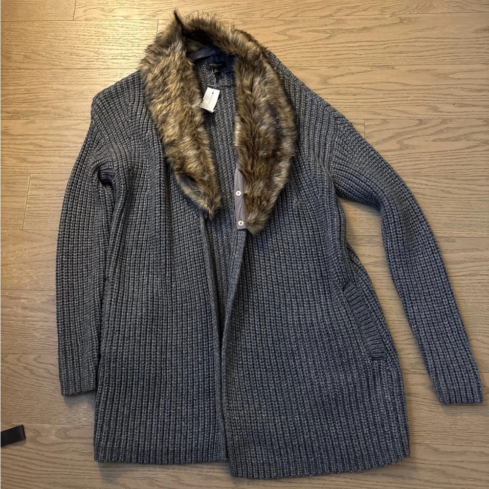 Ann Taylor Charcoal Cardigan with Faux Fur Trim